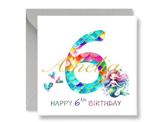 Personalized Mermaid 6th Birthday Card
