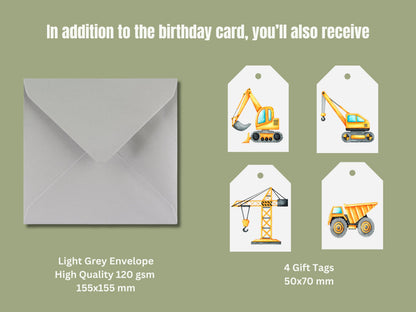 Construction 6th Birthday Card, Trucks, Cranes, Gift Tags