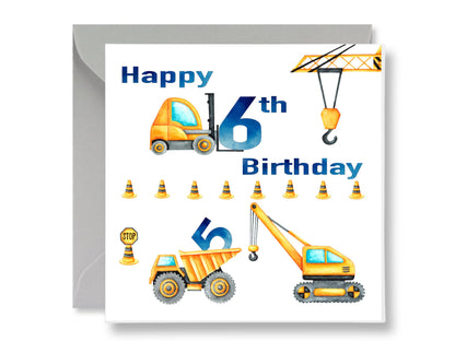 Construction 6th Birthday Card, Trucks, Cranes, Gift Tags