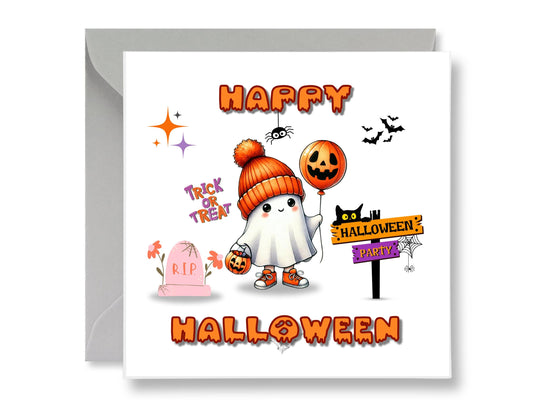 Happy Halloween Card, Ghost, Pumpkin, Trick or Treat, Handmade Greeting Card with 120gsm Light Grey Envelope & 2 Gift Tags, P