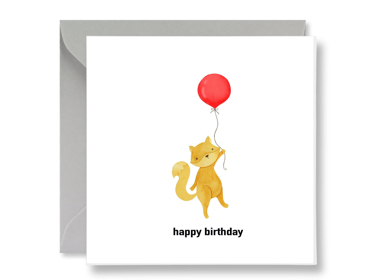 Fox Birthday Card, Red Balloon, 300gsm Matte Card with Gift Tags