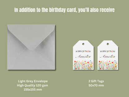 Personalized Watercolor Wildflower Birthday Card, Custom Name