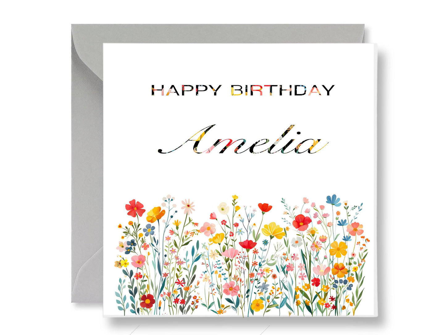 Personalized Watercolor Wildflower Birthday Card, Custom Name