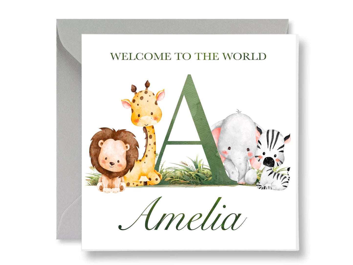 Personalized New Baby Card, Watercolor Safari Animals Design