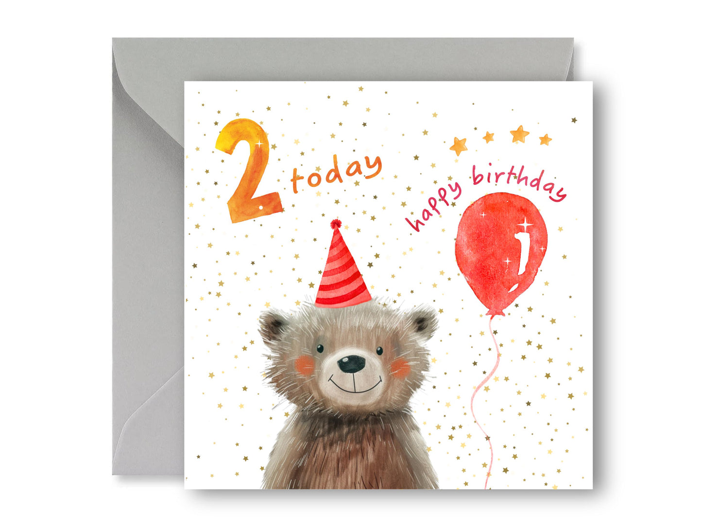 Cute Bear 2nd Birthday Card, Red Balloon, Gift Tags