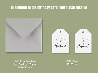 Husband Birthday Card, Romantic Hearts, Handmade with Gift Tags