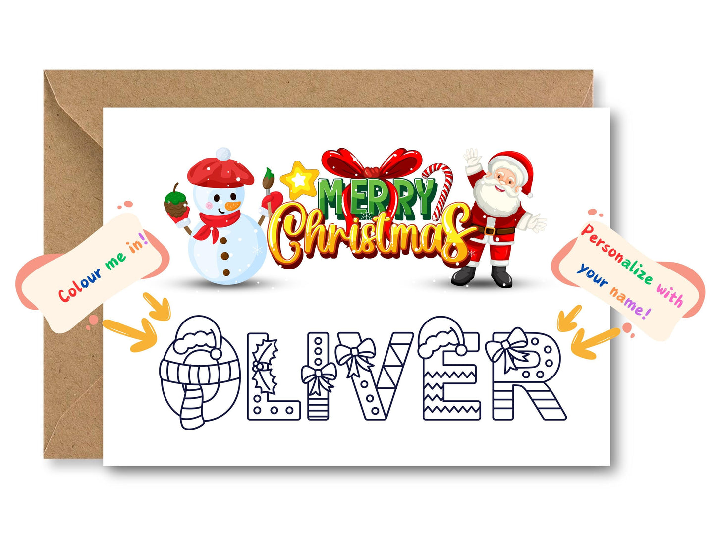 Personalized Merry Christmas Card with Colour-In Name