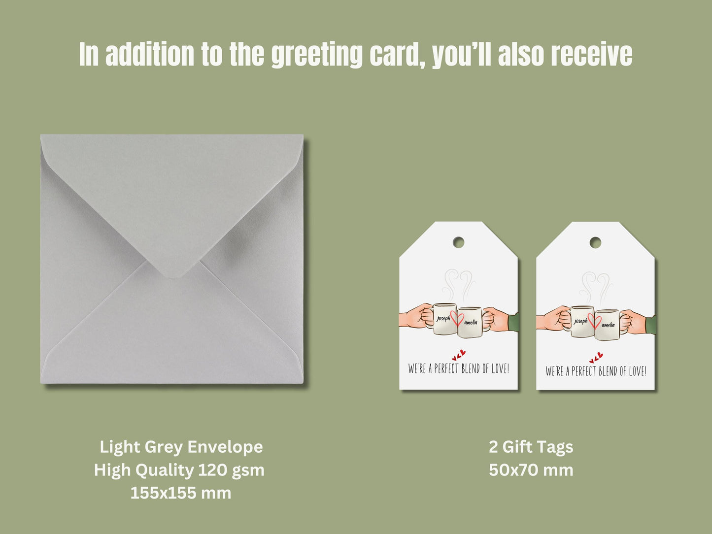 Personalized Anniversary Card, Mugs and Hearts Design, Includes Gift Tags