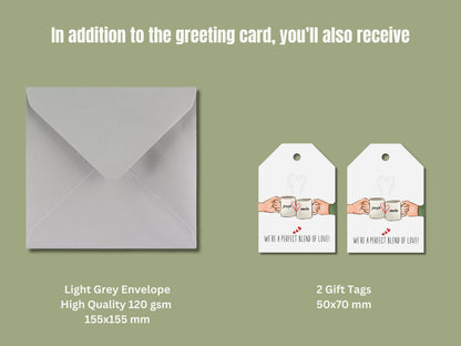 Personalized Anniversary Card, Mugs and Hearts Design, Includes Gift Tags