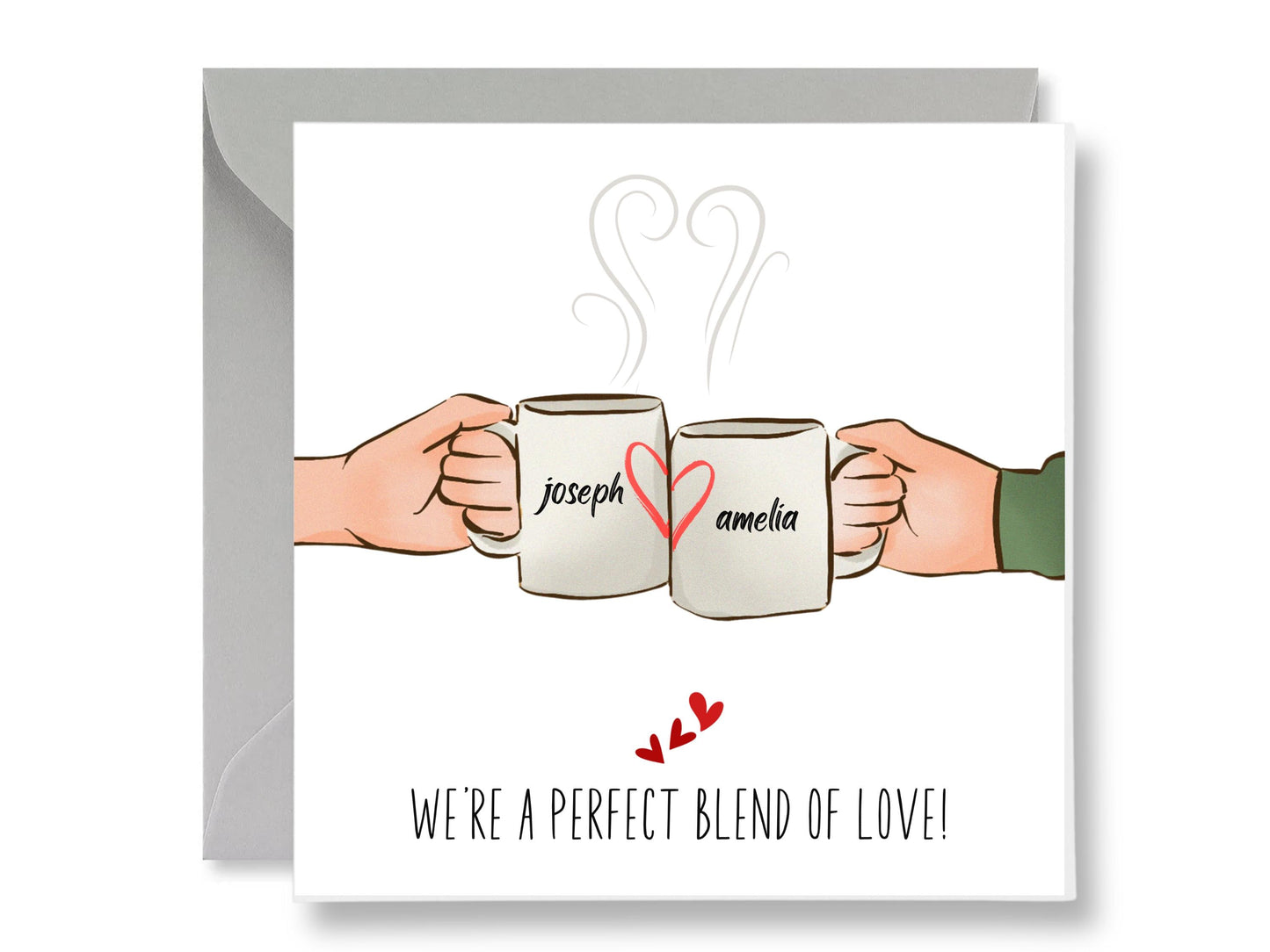 Personalized Anniversary Card, Mugs and Hearts Design, Includes Gift Tags