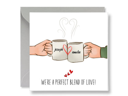 Personalized Anniversary Card, Mugs and Hearts Design, Includes Gift Tags