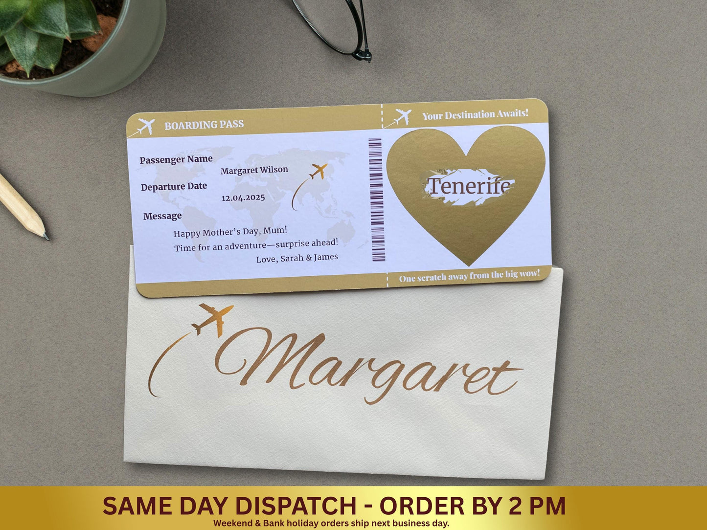 Personalised Scratch Off Boarding Pass Ticket, Scratch Reveal Holiday Gift
