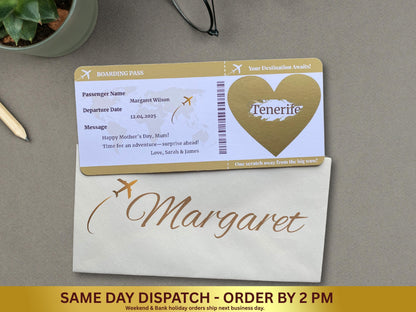 Personalised Scratch Off Boarding Pass Ticket, Scratch Reveal Holiday Gift