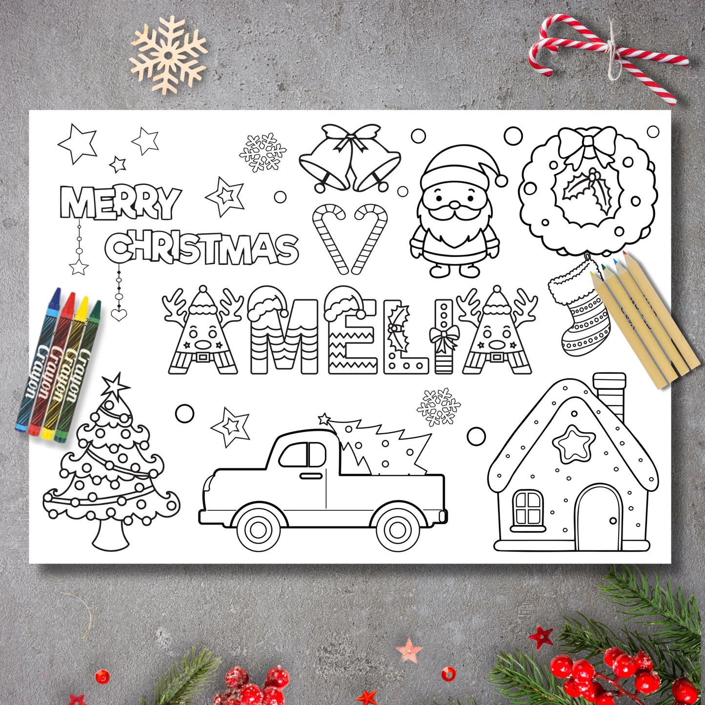 Personalised Christmas Coloring Page for Kids, Eve Box Filler, Festive Gift, Stocking Filler