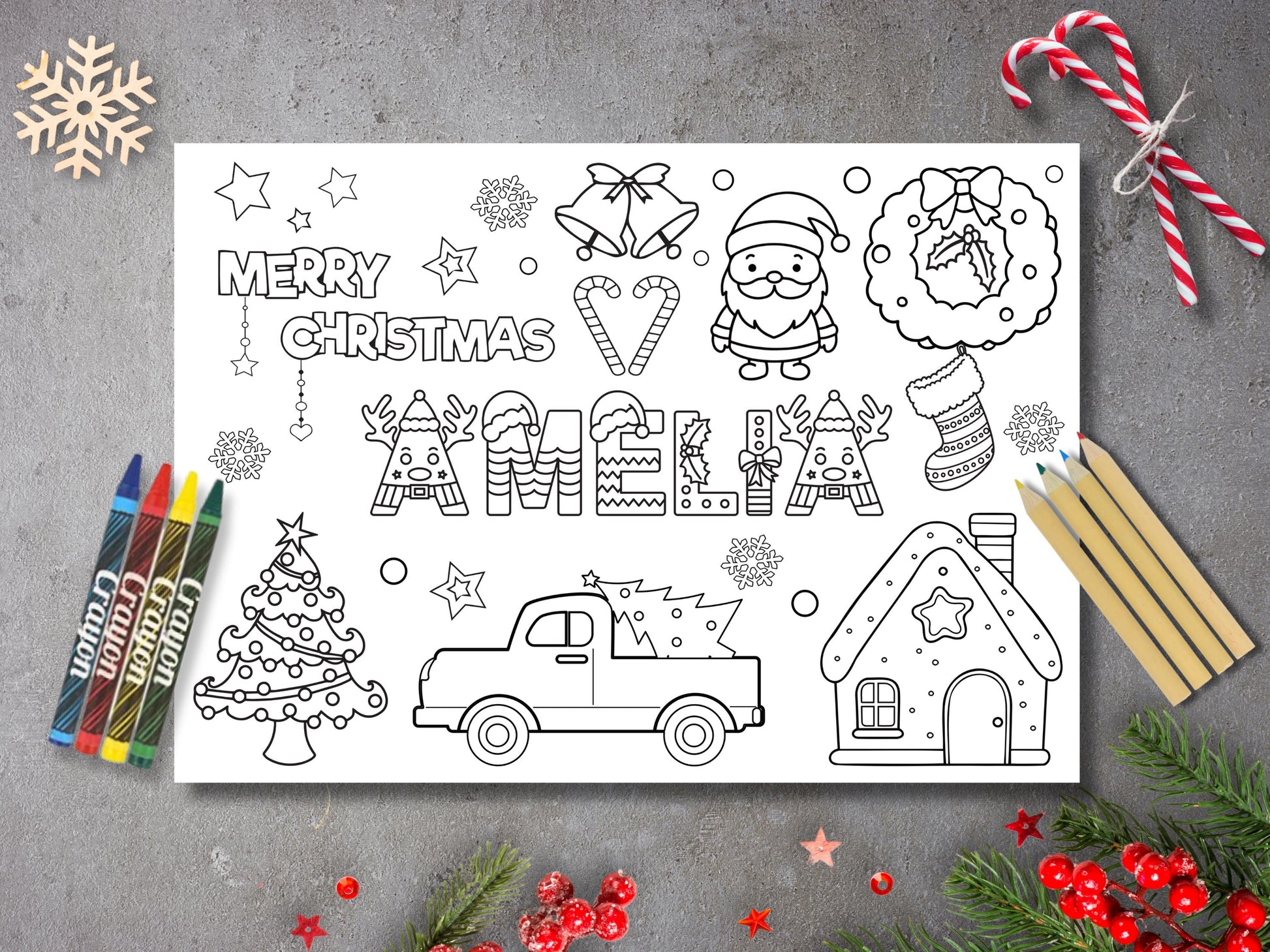 Personalised Christmas Coloring Page for Kids, Eve Box Filler, Festive Gift, Stocking Filler