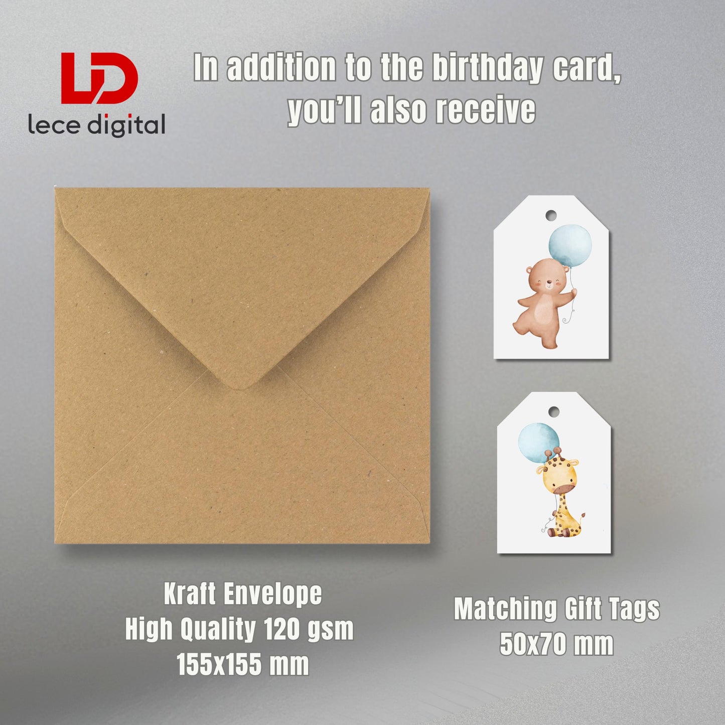 Third Birthday Card, Watercolor Animals, Gold Text, Light Grey Envelope