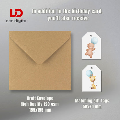 Third Birthday Card, Watercolor Animals, Gold Text, Light Grey Envelope