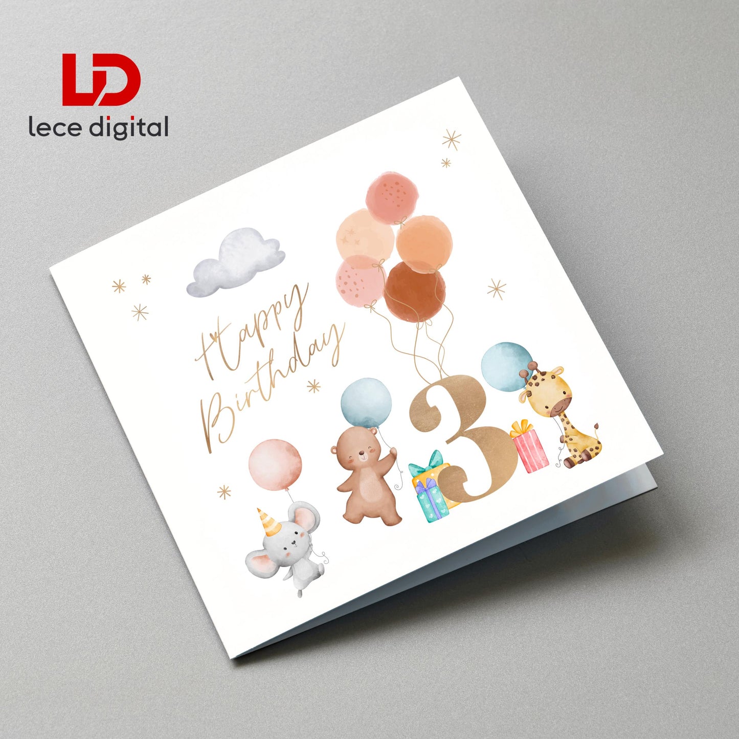 Third Birthday Card, Watercolor Animals, Gold Text, Light Grey Envelope