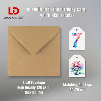 Mermaid Birthday Card | With Matching Gift Tags | Custom Age Birthday Card | Personalized Girls Birthday Card