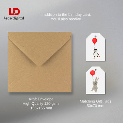 Rabbit Birthday Card, With Kraft Envelope & Gift Tags