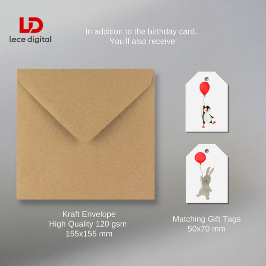 Rabbit Birthday Card, With Kraft Envelope & Gift Tags