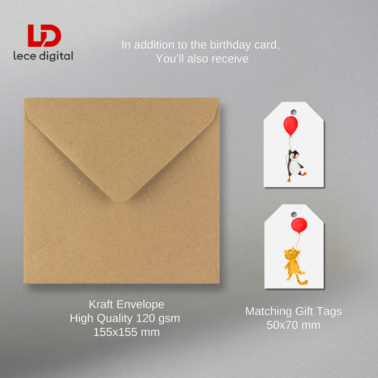 Penguin Birthday Gift Card with Kraft Envelope, Matching Gift Tag