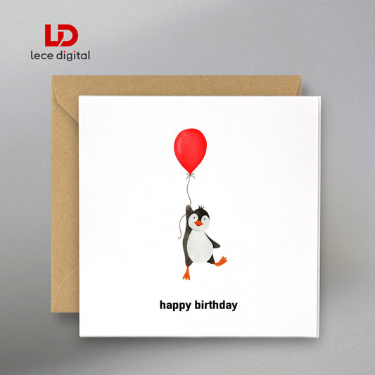 Penguin Birthday Gift Card with Kraft Envelope, Matching Gift Tag
